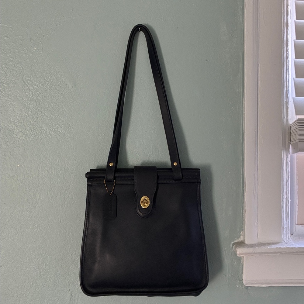 COACH WESTON NAVY Leather Shoulder Bag with Gold Turnlock Accent